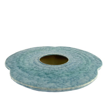 Load image into Gallery viewer, Lovely vintage art deco mottled blue green glazed clover shaped ceramic flower vase, shape 199. Crafted by Beswick, England, circa 1930s. This piece is intended to be used in conjunction with a glass or heavy metal pincushion flower frog to create a beautiful floral arrangement. In excellent condition, no chips/cracks/repairs. Measures 10 1/4 x 2 3/8 inches
