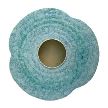 Load image into Gallery viewer, Lovely vintage art deco mottled blue green glazed clover shaped ceramic flower vase, shape 199. Crafted by Beswick, England, circa 1930s. This piece is intended to be used in conjunction with a glass or heavy metal pincushion flower frog to create a beautiful floral arrangement. In excellent condition, no chips/cracks/repairs. Measures 10 1/4 x 2 3/8 inches

