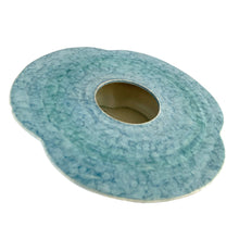 Load image into Gallery viewer, Lovely vintage art deco mottled blue green glazed clover shaped ceramic flower vase, shape 199. Crafted by Beswick, England, circa 1930s. This piece is intended to be used in conjunction with a glass or heavy metal pincushion flower frog to create a beautiful floral arrangement. In excellent condition, no chips/cracks/repairs. Measures 10 1/4 x 2 3/8 inches
