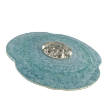 Load image into Gallery viewer, Lovely vintage art deco mottled blue green glazed clover shaped ceramic flower vase, shape 199. Crafted by Beswick, England, circa 1930s. This piece is intended to be used in conjunction with a glass or heavy metal pincushion flower frog to create a beautiful floral arrangement. In excellent condition, no chips/cracks/repairs. Measures 10 1/4 x 2 3/8 inches
