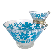 Load image into Gallery viewer, Holy flower power! This mid-century era vintage glass chip and dip set features a pattern of graphic blue daisies. Crafted by Anchor Hocking, USA, 1960s. Fill it with chips and dip, tortillas and salsa or salad and dressing. This set is the&nbsp;perfect serving piece to brighten up your next party, movie night, game night or get-together.  The glass is in excellent overall condition, no chips and only minor wear.  Large bowl measures 10 3/4 x 5 7/8 inches  Small bowl measures 5 1/8 x 2 1/2 inches
