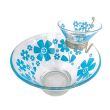 Load image into Gallery viewer, Holy flower power! This mid-century era vintage glass chip and dip set features a pattern of graphic blue daisies. Crafted by Anchor Hocking, USA, 1960s. Fill it with chips and dip, tortillas and salsa or salad and dressing. This set is the&nbsp;perfect serving piece to brighten up your next party, movie night, game night or get-together.  The glass is in excellent overall condition, no chips and only minor wear.  Large bowl measures 10 3/4 x 5 7/8 inches  Small bowl measures 5 1/8 x 2 1/2 inches
