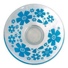 Load image into Gallery viewer, Holy flower power! This mid-century era vintage glass chip and dip set features a pattern of graphic blue daisies. Crafted by Anchor Hocking, USA, 1960s. Fill it with chips and dip, tortillas and salsa or salad and dressing. This set is the&nbsp;perfect serving piece to brighten up your next party, movie night, game night or get-together.  The glass is in excellent overall condition, no chips and only minor wear.  Large bowl measures 10 3/4 x 5 7/8 inches  Small bowl measures 5 1/8 x 2 1/2 inches
