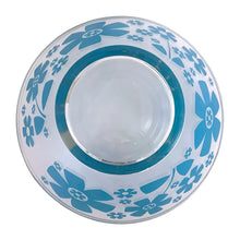 Load image into Gallery viewer, Holy flower power! This mid-century era vintage glass chip and dip set features a pattern of graphic blue daisies. Crafted by Anchor Hocking, USA, 1960s. Fill it with chips and dip, tortillas and salsa or salad and dressing. This set is the&nbsp;perfect serving piece to brighten up your next party, movie night, game night or get-together.  The glass is in excellent overall condition, no chips and only minor wear.  Large bowl measures 10 3/4 x 5 7/8 inches  Small bowl measures 5 1/8 x 2 1/2 inches
