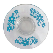 Load image into Gallery viewer, Holy flower power! This mid-century era vintage glass chip and dip set features a pattern of graphic blue daisies. Crafted by Anchor Hocking, USA, 1960s. Fill it with chips and dip, tortillas and salsa or salad and dressing. This set is the&nbsp;perfect serving piece to brighten up your next party, movie night, game night or get-together.  The glass is in excellent overall condition, no chips and only minor wear.  Large bowl measures 10 3/4 x 5 7/8 inches  Small bowl measures 5 1/8 x 2 1/2 inches
