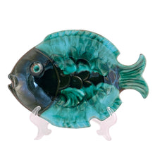 Load image into Gallery viewer, Vintage Blue Mountain Pottery fish dish from Three Trees Era with green drip glaze on redware
