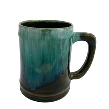 Load image into Gallery viewer, Blue Mountain Pottery mug in green drip glaze, front three-quarter view showing teal-to-dark drip glaze and angular handle, Canada, 1970s
