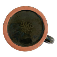Load image into Gallery viewer, Underside of Blue Mountain Pottery green drip glaze mug showing unglazed terracotta foot ring and BMP maker's mark
