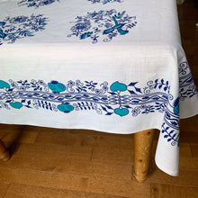 Load image into Gallery viewer, This exquisite Vintage &quot;Blue Onion&quot; Patterned White Linen Tablecloth is adorned with delicate blue teal florals, hearts, and onions, creating a charming and unique design. Crafted from high-quality linen, this tablecloth adds a touch of elegance to any dining experience. Perfect for&nbsp;casual and&nbsp;special occasions!  In excellent condition, free from tears. Tiny pale stain.  Measures 46 1/2 x 56 inches
