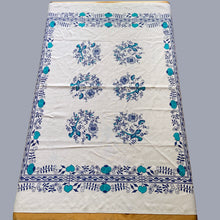 Load image into Gallery viewer, This exquisite Vintage &quot;Blue Onion&quot; Patterned White Linen Tablecloth is adorned with delicate blue teal florals, hearts, and onions, creating a charming and unique design. Crafted from high-quality linen, this tablecloth adds a touch of elegance to any dining experience. Perfect for&nbsp;casual and&nbsp;special occasions!  In excellent condition, free from tears. Tiny pale stain.  Measures 46 1/2 x 56 inches

