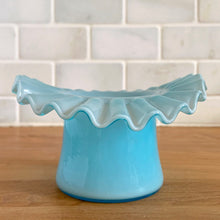 Load image into Gallery viewer, Side profile of Fenton blue opalescent hat dish showing ruffled crimped rim, 1940s–50s

