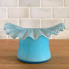 Load image into Gallery viewer, Opposite side profile of Fenton blue opalescent hat dish showing ruffled crimped rim, 1940s–50s
