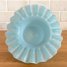 Load image into Gallery viewer, Overhead view of Fenton blue opalescent hat dish showing crimped edge detail, USA 1940s–50s
