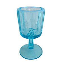Load image into Gallery viewer, Single vintage Westmoreland blue opalescent goblet held up to light showing opalescent glow through glass
