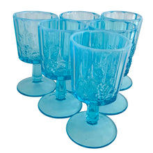 Load image into Gallery viewer, Side profile of vintage 1940s Westmoreland blue opalescent paneled grape goblet showing stem and foot
