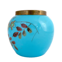 Load image into Gallery viewer, This gorgeous hand blown blue opaline glass rose bowl is adorned with a lipped brass collar, perfect for holding a flower frog. The glass features a stunning hand painted enamel design of flowers and a charming bird perched on a branch. Enhance your home with this sweet bowl or fill with flowers for an exquisite display! In excellent vintage condition, some wear to the paint. Measures 5 x 4 3/4 inches (opening is 2 3/4)

