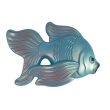 Load image into Gallery viewer, Sweet vintage iridescent blue and pink angelfish chalk ware wall hanger. Crafted by Miller Studio, USA, 1969. These super kitschy and highly collectible fish are the perfect accent for your bath or tropical decor!  In excellent vintage condition, free from chips. Marked on the tail fin &quot;©1969 Miller Studio Inc&quot;.  Measures 5 1/2 x 4 x 1 inches
