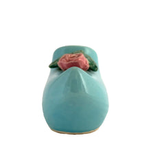 Load image into Gallery viewer, Vintage light blue figural Dutch shoe ceramic planter featuring an applied pink rose and green leaves. Crafted by McCoy Pottery, USA, 1947. Use this adorable planter to house your favourite succulent. In excellent condition, no chips/cracks/repairs. Measures 7 1/2 x 2 3/4 x 3 1/4 inches
