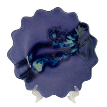 Load image into Gallery viewer, Beautiful contemporary ceramic dish, underglazed in periwinkle blue with an abstract pattern in deep purple, blue and grey, features a smooth sawtooth edge. A lovely collectible piece crafted by Hillborn Pottery, Canada. Oven, dishwasher and microwave safe. In excellent condition, free from chips/cracks/repairs. Measures 11 x 1 1/4 inches
