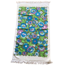 Load image into Gallery viewer, Jacks Daughter of All Trades Vintage Antique Mid-Century Kitsch Store Shop Reseller Etsy Shopify Toronto Canada Free Porch Pick Up Local Delivery Worldwide Shipping Judy Weinberg Unique Housewarming Gift Sustainable Gift Wedding Gift Home Decor Collectible Collector Gift Farmhouse Cottagecore Cottage Lodge Shabby Chic white cotton terrycloth bath towel blue purple green florals fringed edge 1970s
