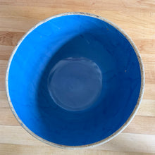 Load image into Gallery viewer, Rare vintage depression era blue salt glazed stoneware mixing bowl featuring the classic art deco &quot;Picket Fence&quot; design. Crafted by the UHL Pottery Company, USA, circa 1930s. These bowls are hard to come by and are coveted by collectors. A beautiful country farmhouse display piece. A utilitarian piece that has stood the test of time. excellent condition. A few minor flea bites on the bottom rim. Normal manufacturer&#39;s defects in the glaze. Marked USA on the bottom. Measures 10 1/2 x 5 1/2 inches
