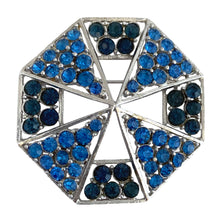 Load image into Gallery viewer, Vintage octagonal geometric brooch with pavé-set cobalt and sapphire blue rhinestones in silver-tone openwork frame, front view
