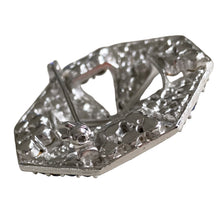 Load image into Gallery viewer, Side profile of vintage blue rhinestone brooch showing depth of silver-tone octagonal frame and close up of pin clasp mechanism
