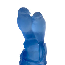 Load image into Gallery viewer, This rare 1930s figurine showcases the refined Art Deco glasswork of Walther &amp; Söhne. Crafted in striking blue satin glass with a soft frosted finish, the Schwalben (Swallows) design features three swallows—two perched and one in flight—beautifully arranged in a balanced, sculptural composition.

Originally designed as a flower frog for formal table settings, it also makes a stunning standalone decorative piece.
