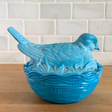 Load image into Gallery viewer, Opposite side view of vintage  —Blue slag glass dove bird-on-nest 
