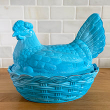 Load image into Gallery viewer, Vintage blue slag glass hen-on-nest — front view showing lid and nest basket detail. LG Wright USA 1950s
