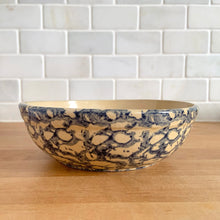 Load image into Gallery viewer, Vintage blue spongeware individual stoneware salad bowl with rolled edge. Crafted by Robinson Ransbottom Pottery Co., USA, 1990s. A beautiful piece to add to your farmhouse pottery collection!

In excellent condition, no chips/cracks/repairs. Maker&#39;s marks.

Measures 6 7/8 x 2 1/8 inches
