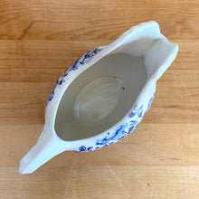 Load image into Gallery viewer, Vintage figural chicken ironstone creamer featuring blue transferware florals. Crafted by Crown Devon Fieldings, England, 1930s. Add a touch of cottage charm to your tableware with this adorable creamer.

In excellent condition, no chips/cracks/repairs, crazing and minor staining present. Marked Crown Devon Fieldings Staffordshire England Acid Resistant.

Measures 5 1/4 x 3 x 3 3/4 inches

