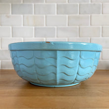 Load image into Gallery viewer, Vintage blue ceramic mixing bowl 308, with an exterior pattern of horizontal waves. Crafted by Robinson Ransbottom Pottery Co., USA, 1960s. A beautiful piece to add to your art pottery collection!

In as found condition, chips to the rim and foot, no cracks/repairs, manufacturer&#39;s glaze pops and age-related crazing. Maker&#39;s marks, number 308.

Measures 8 3/4 x 3 1/2 inches
