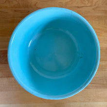 Load image into Gallery viewer, Vintage blue ceramic mixing bowl 308, with an exterior pattern of horizontal waves. Crafted by Robinson Ransbottom Pottery Co., USA, 1960s. A beautiful piece to add to your art pottery collection!

In as found condition, chips to the rim and foot, no cracks/repairs, manufacturer&#39;s glaze pops and age-related crazing. Maker&#39;s marks, number 308.

Measures 8 3/4 x 3 1/2 inches
