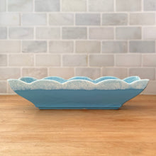 Load image into Gallery viewer, Vintage blue and white drip glazed planter with scalloped edge, shape 74. Crafted by Hull Pottery, USA, 1960s. Perfect for your favourite houseplant, succulent or use as a catchall. A nice piece for your art pottery collection and also makes a great gift!

In excellent condition, no chips/cracks/repairs. Maker&#39;s mark on the bottom.

Measures 13 x 4 1/4 x 3 inches
