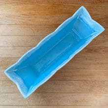 Load image into Gallery viewer, Vintage blue and white drip glazed planter with scalloped edge, shape 74. Crafted by Hull Pottery, USA, 1960s. Perfect for your favourite houseplant, succulent or use as a catchall. A nice piece for your art pottery collection and also makes a great gift!

In excellent condition, no chips/cracks/repairs. Maker&#39;s mark on the bottom.

Measures 13 x 4 1/4 x 3 inches
