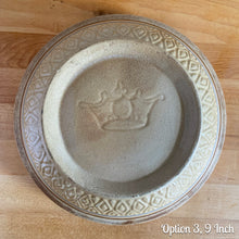 Load image into Gallery viewer, Jacks Daughter of All Trades Vintage Antique Mid-Century Kitsch Store Shop Reseller Etsy Shopify Toronto Canada Free Porch Pick Up Local Delivery Worldwide Shipping Judy Weinberg Unique Housewarming Gift Sustainable Gift Wedding Gift Home Decor Collectible Collector Gift Farmhouse Cottagecore Cottage Lodge Shabby Chic Industrial yellow ware mixing bowl brown and blue bands diamond pattern Robinson Ransbottom Pottery Co. RRPCo 1930s stoneware nostalgic kitchen

