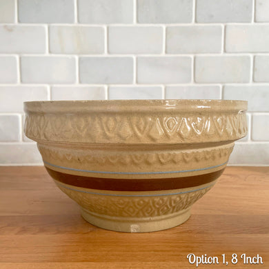 Vintage yellow ware mixing bowl featuring brown and blue bands with diamond pattern. Crafted by Robinson Ransbottom, USA, 1930s. A well-crafted piece of stoneware offering a nostalgic vibe to your farmhouse or cottage kitchenware and decor!

OPTIONS

Option 1, 8 Inch: Measures 8 3/16 x 4 3/8 inches. In as found condition, chips to the foot and rim, no cracks/repairs, age-related crazing. Crown mark.