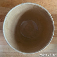 Load image into Gallery viewer, Vintage yellow ware mixing bowl featuring brown and blue bands with diamond pattern. Crafted by Robinson Ransbottom, USA, 1930s. A well-crafted piece of stoneware offering a nostalgic vibe to your farmhouse or cottage kitchenware and decor!

OPTIONS

Option 1, 8 Inch: Measures 8 3/16 x 4 3/8 inches. In as found condition, chips to the foot and rim, no cracks/repairs, age-related crazing. Crown mark.
