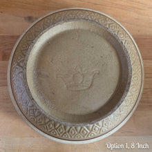 Load image into Gallery viewer, Vintage yellow ware mixing bowl featuring brown and blue bands with diamond pattern. Crafted by Robinson Ransbottom, USA, 1930s. A well-crafted piece of stoneware offering a nostalgic vibe to your farmhouse or cottage kitchenware and decor!

OPTIONS

Option 1, 8 Inch: Measures 8 3/16 x 4 3/8 inches. In as found condition, chips to the foot and rim, no cracks/repairs, age-related crazing. Crown mark.
