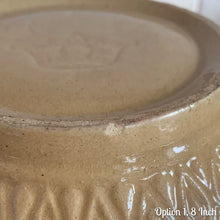 Load image into Gallery viewer, Vintage yellow ware mixing bowl featuring brown and blue bands with diamond pattern. Crafted by Robinson Ransbottom, USA, 1930s. A well-crafted piece of stoneware offering a nostalgic vibe to your farmhouse or cottage kitchenware and decor!

OPTIONS

Option 1, 8 Inch: Measures 8 3/16 x 4 3/8 inches. In as found condition, chips to the foot and rim, no cracks/repairs, age-related crazing. Crown mark.
