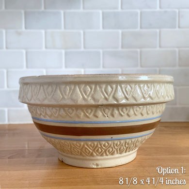 Vintage yellow ware mixing bowl featuring brown and blue bands with diamond pattern. Crafted by Robinson Ransbottom, USA, 1930s. A well-crafted piece of stoneware offering a nostalgic vibe to your farmhouse or cottage kitchenware and decor!

Option 1: Measures 8 1/8 x 4 1/4 inches. In excellent condition, no chips/cracks/repairs, age-related crazing. Manufacturer's defects at the foot. Crown mark.