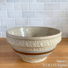 Load image into Gallery viewer, Vintage yellow ware mixing bowl featuring brown and blue bands with diamond pattern. Crafted by Robinson Ransbottom, USA, 1930s. A well-crafted piece of stoneware offering a nostalgic vibe to your farmhouse or cottage kitchenware and decor!

Option 1: Measures 8 1/8 x 4 1/4 inches. In excellent condition, no chips/cracks/repairs, age-related crazing. Manufacturer&#39;s defects at the foot. Crown mark.
