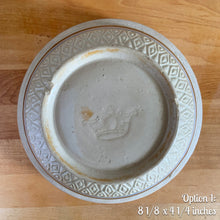 Load image into Gallery viewer, Vintage yellow ware mixing bowl featuring brown and blue bands with diamond pattern. Crafted by Robinson Ransbottom, USA, 1930s. A well-crafted piece of stoneware offering a nostalgic vibe to your farmhouse or cottage kitchenware and decor!

Option 1: Measures 8 1/8 x 4 1/4 inches. In excellent condition, no chips/cracks/repairs, age-related crazing. Manufacturer&#39;s defects at the foot. Crown mark.

