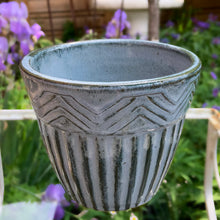 Load image into Gallery viewer, Vintage blue drip glaze ceramic jardiniere planter featuring ribbed body with chevron band at the rim. Crafted by Robinson Ransbottom Pottery Co., 1960s. A beautiful piece to add to your art pottery collection!

In excellent vintage condition, no chips/cracks/repairs. Manufacturer&#39;s glaze pops. Maker&#39;s marks.

Measures 5 7/8 x 4 7/8 inches
