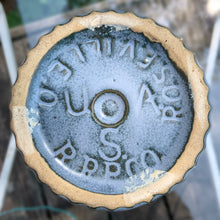 Load image into Gallery viewer, Jacks Daughter of All Trades Vintage Antique Mid-Century Kitsch Store Shop Reseller Etsy Shopify Toronto Canada Free Porch Pick Up Local Delivery Worldwide Shipping Judy Weinberg Unique Housewarming Gift Sustainable Gift Wedding Gift Home Decor Collectible Collector Gift Farmhouse Cottagecore Cottage Lodge Shabby Chic Industrial Art Deco blue drip glaze ceramic stoneware jardiniere planter chevron band Robinson Ransbottom Pottery Co RRPCo Roseville 1960s art pottery
