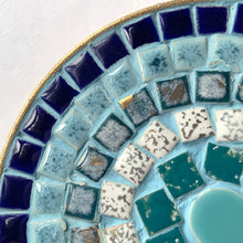 Load image into Gallery viewer, Close-up of hand-laid blue and teal mosaic tile detail on vintage round trivet
