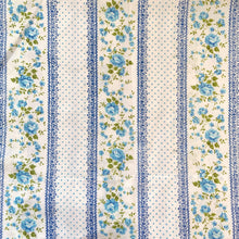 Load image into Gallery viewer, Pair of vintage Vendome pillowcases in the blue colourway. This pattern features bands of blue roses alternating with blue polka dots separated by a decorative blue band on a white, no iron muslin, 50% cotton / 50% polyester. Cannon Royal Family, USA, 1975/76. A beautiful way to add vintage charm to your bedroom decor!

In excellent condition, no stains/tears and the colours are vibrant and appears barely used.

31 x 20 1/2 inches
