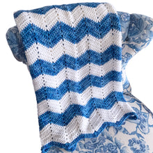 Load image into Gallery viewer, Jacks Daughter of All Trades Vintage Antique Retro Mid-Century Modern Modernist Kitsch Store Shop Reseller Etsy Shopify Toronto Canada Free Porch Pick Up Local Delivery Worldwide Shipping Judy Weinberg Unique Housewarming Hostess Sustainable Gift Home Decor Collectible Collector  Farmhouse Cottage Core Shabby Chic Geometric handmade crochet blanket throw blue white zigzag chevron
