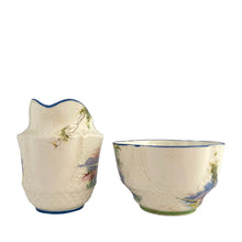 Load image into Gallery viewer, Vintage Bluebell Time bone china creamer and sugar featuring a delicately shaped vessels decorated with springtime woodland scene with bluebell flowers amongst groves of trees and trimmed in blue. Crafted by Aynsley, England, 1934 - 1950s.

In excellent condition, no chips/cracks/repairs. Maker&#39;s mark present with Bluebell Time and As supplied to H.M. the Queen.

Creamer measures 2 1/2 x 3 1/8 inches

Sugar measures 3 1/4 x 1 7/8 inches
